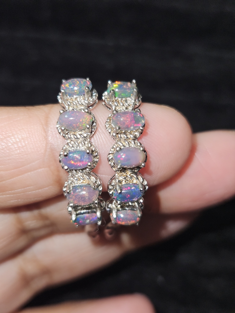 925S Black Fire Opal Hoop Earrings - Iridescent Opal Color